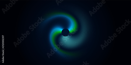 Blue abstract background with glowing circles. Swirl circular lines pattern. Geometric spiral. Twirl element. Modern graphic design. Futuristic technology concept.