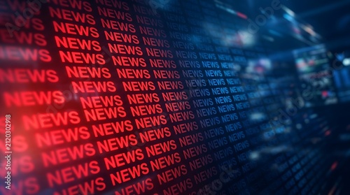 News text grid background. Digital media broadcast screen with red typography.