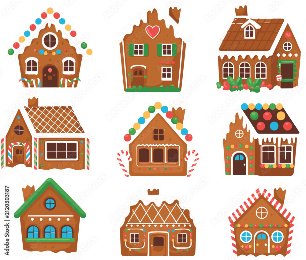 Naklejka premium Cute Gingerbread House Collection, Christmas Holiday Cookie Cottage Vector Illustration Set for Festive Winter Design Projects