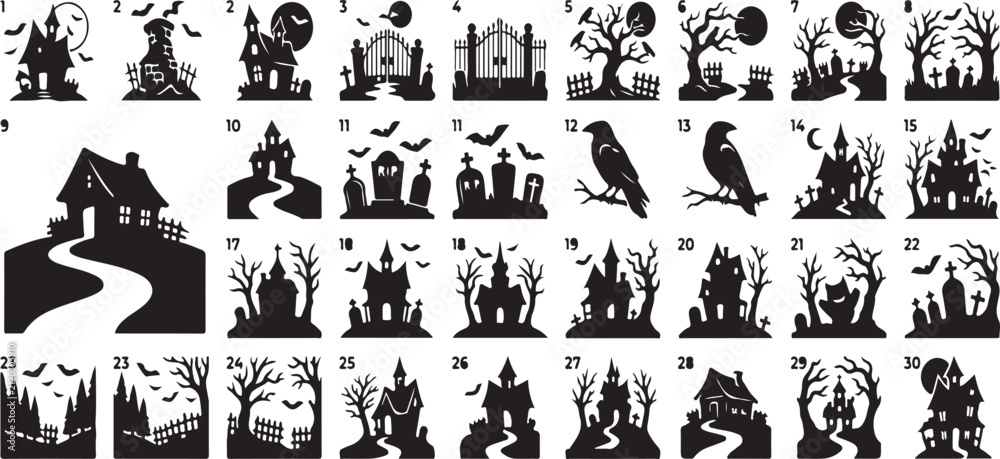 Fototapeta premium Haunted cottage pumpkin carving stencil bundle collection with halloween silhouette template celebration decorations patterns printables download graveyard spookyhouse monochrome blackwhite