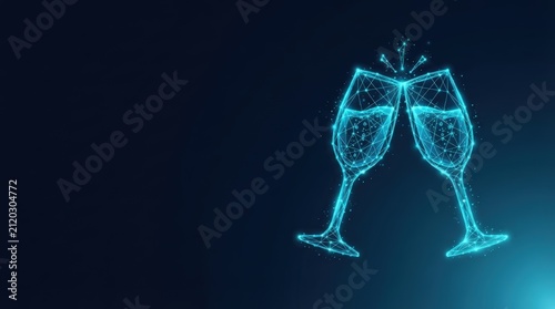 Digital illustration of two clinking wine glasses with sparkling light particles, glowing blue, against dark gradient background. Modern, minimalist design for celebrations or toasts.