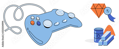 Bild auf Leinwand Video game controller with achievement diamond and resource icons vector illustration