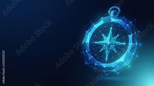 Digital 3D compass featuring interconnected geometric lines, glowing blue, against deep gradient backdrop. Studio lighting, top-down perspective, futuristic, minimalist composition.