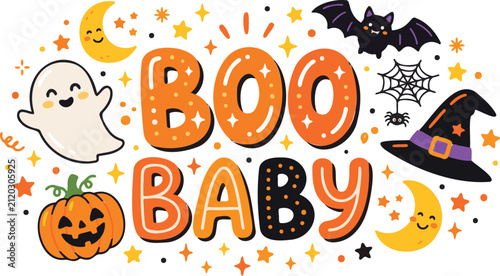 Obraz na płótnie Cute halloween baby boo greeting with ghosts and pumpkins