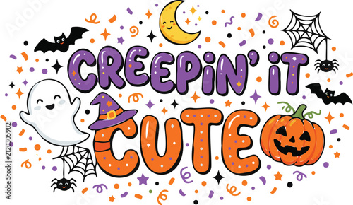 Creepy cute halloween text with ghost and pumpkin
