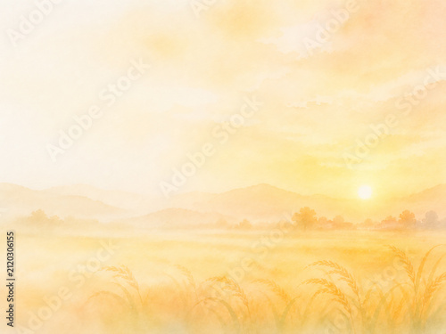 夕日に照らされる収穫時期の田んぼをイメージした抽象水彩背景　温もりを感じるミニマルデザイン
