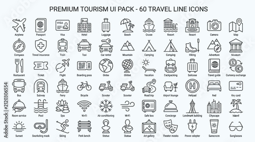 Set of 60 travel and tourism line icons for vacation planning