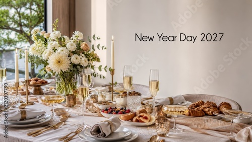 Elegant New Year Day 2027 brunch setup with flowers, pastries, fruits, and champagne on a beautifully decorated dining table by a window.