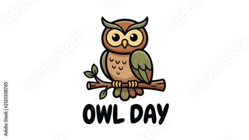 Owl Day Cute Cartoon Bird Sitting on a Tree Branch Illustration