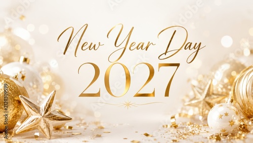 Elegant New Year Day 2027 greeting with gold stars, glitter, and festive decorations on a soft white background.