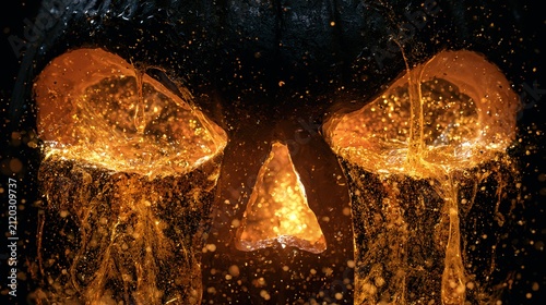 Macro view of pumpkin's carved face, liquid gold stardust leaking from eyes, swirling magical energy positioned in enchanted garden clearing