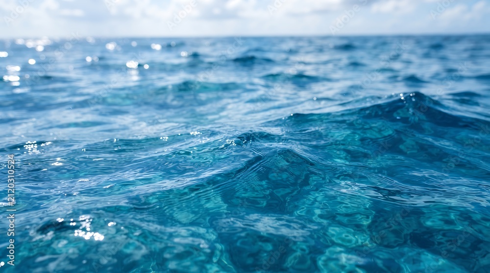 Obraz premium Clear blue ocean water sparkling in sunlight, ripples on surface, beautiful tranquil sea with underwater visibility.
