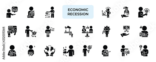 Economic Recession Icon set Collection in Solid Glyph Style. crisis, inflation, deflation, debt, budget, revenue, profit, market