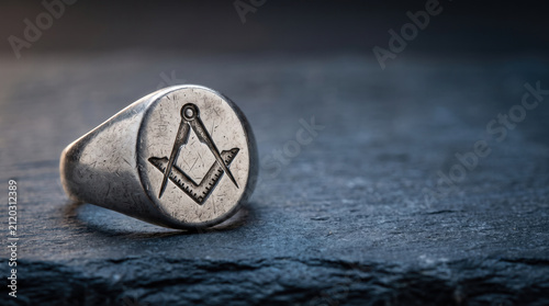 Worn Metal Masonic Signet Ring With Square and Compasses