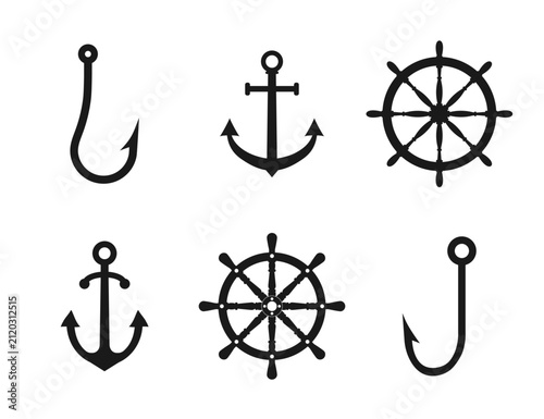 Nautical Anchor and Ship Wheel Icons With Fishing Hooks Black Maritime Vector Set.