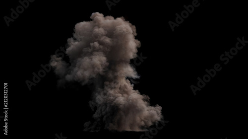 Dense billowing and turbulent cloud in varying shades of gray smoke from an explosion erupts upward and outward on a black background