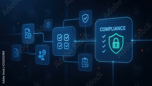 Cyber security and regulatory compliance dashboard interface on dark blue background