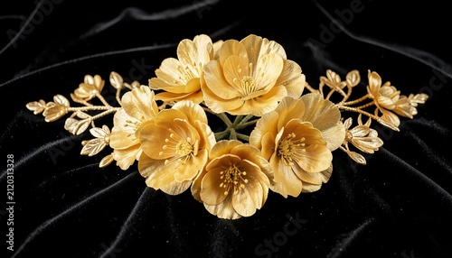 A beautiful bouquet of golden flowers arranged artistically against a dark black velvet fabric background