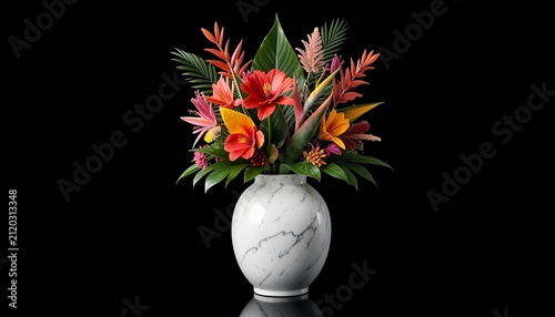 Beautiful bouquet of vibrant tropical flowers in a white ceramic vase isolated on a black background