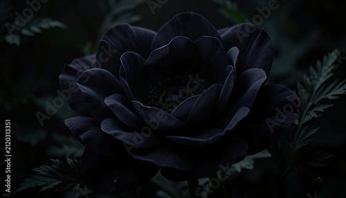 A moody close up shot of a dark black flower blooming in a shadowy garden setting