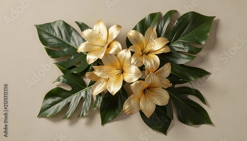 A beautiful decorative wall arrangement featuring golden artificial flowers and large green tropical monstera palm leaves