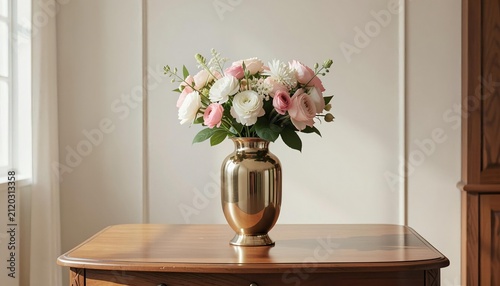 Elegant bouquet of fresh pink and white roses in a tall metallic vase on a wooden table