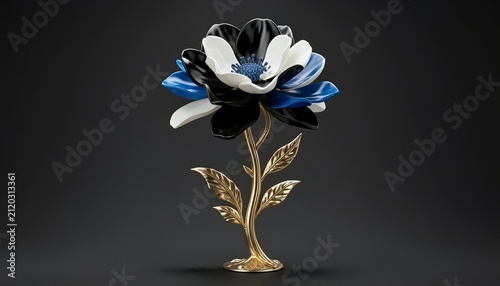A beautiful decorative glass flower ornament featuring blue and black petals with a golden stem and leaves