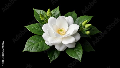 Beautiful white gardenia flower in full bloom with green leaves isolated on a solid black background
