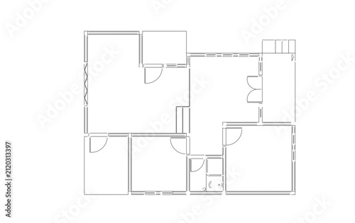 Minimal black and white 2d line-art architectural sketch outlining a general layout of interconnected rooms for conceptual architectural drafts, minimalist design layouts, early-stage spatial planning