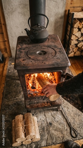 sawdust eco log being placed in fireplace 
