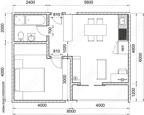 2D architectural floor plan illustrating a one-bedroom apartment layout complete with room dimensions, fixtures, and structural walls for residential interior design, real estate listing visualization