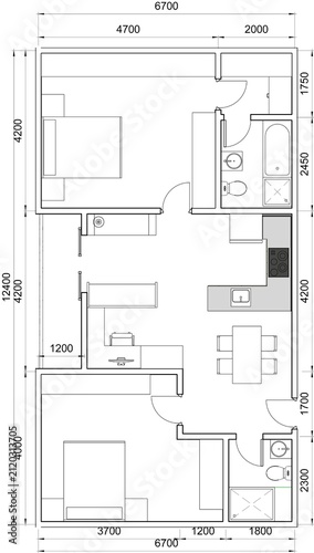 2D architectural floor plan depicting a two-bedroom apartment unit layout with detailed dimensional measurements serves architecture students, real estate developers, home interior planning purposes