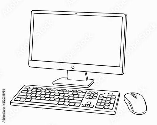 Desktop computer set with monitor keyboard and mouse vector line art illustration isolated on white background