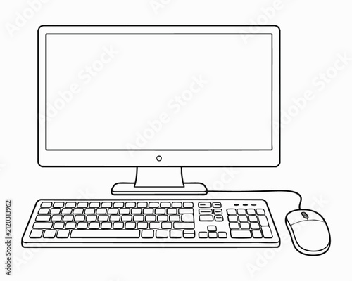 Desktop computer set with monitor keyboard and mouse vector line art illustration isolated on white background