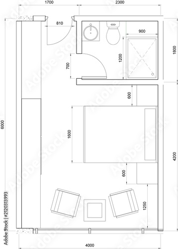 2d architectural floor plan focusing on a single bedroom layout with an attached bathroom and precise measurements for interior layout optimization, furniture staging concepts, residential drafting