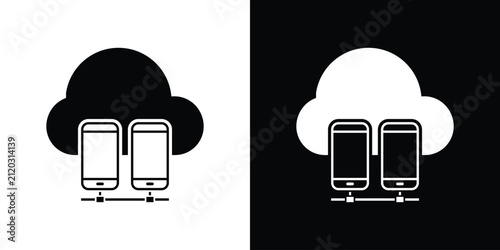 Cloud storage icon displaying two connected smartphones, representing mobile cloud computing, wireless synchronization, and data transfer. Black and white icon.