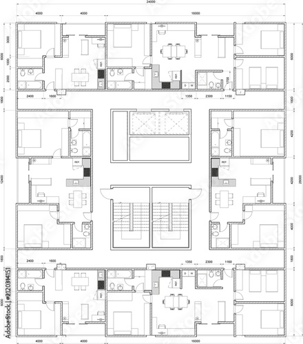 Architectural multi-unit floor plan outlining a complete building floor layout containing six individual apartment units for structural engineering, commercial real estate development, urban planning
