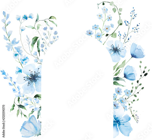 Floral frame with light blue watercolor wildflowers, hand drawn isolated wedding illustration