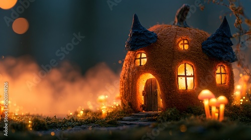 Intricate fairy cottage carved out of massive glowing pumpkin, tiny windows with warm light set in mystical forest landscape