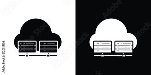 Cloud computing icon showing connected server racks beneath a cloud graphic, illustrating data center storage, network hosting, and database infrastructure.