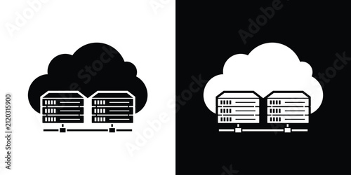 Cloud computing icon showing connected server racks beneath a cloud graphic, illustrating data center storage, network hosting, and database infrastructure.