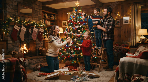 family decorating the Christmas tree