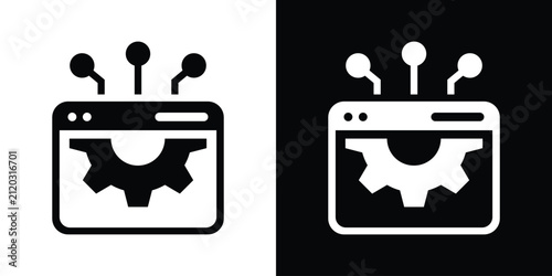 Web browser icon featuring a gear and network connection nodes inside, symbolizing web optimization and tech setup. Available in black and white vector styles.