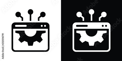 Web browser icon featuring a gear and network connection nodes inside, symbolizing web optimization and tech setup. Available in black and white vector styles.