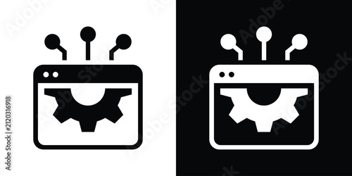 Web browser icon featuring a gear and network connection nodes inside, symbolizing web optimization and tech setup. Available in black and white vector styles.