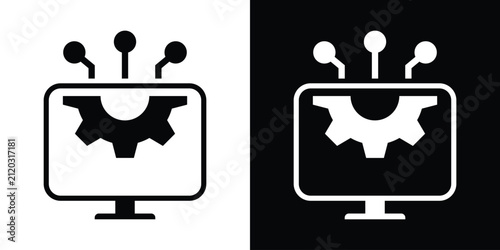 Computer monitor screen icon containing a cogwheel and connected nodes, representing system settings, software configuration, and tech management. Vector design.