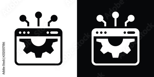 Web browser icon featuring a gear and network connection nodes inside, symbolizing web optimization and tech setup. Available in black and white vector styles.