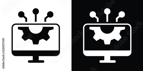 Computer monitor screen icon containing a cogwheel and connected nodes, representing system settings, software configuration, and tech management. Vector design.