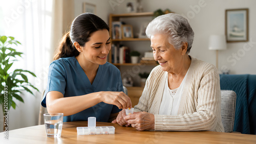 Caregiver Assisting Senior With Medication at Home