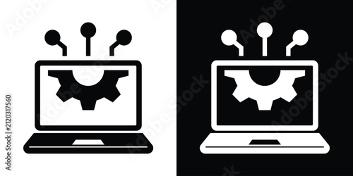 Computer monitor screen icon containing a cogwheel and connected nodes, representing system settings, software configuration, and tech management. Vector design.